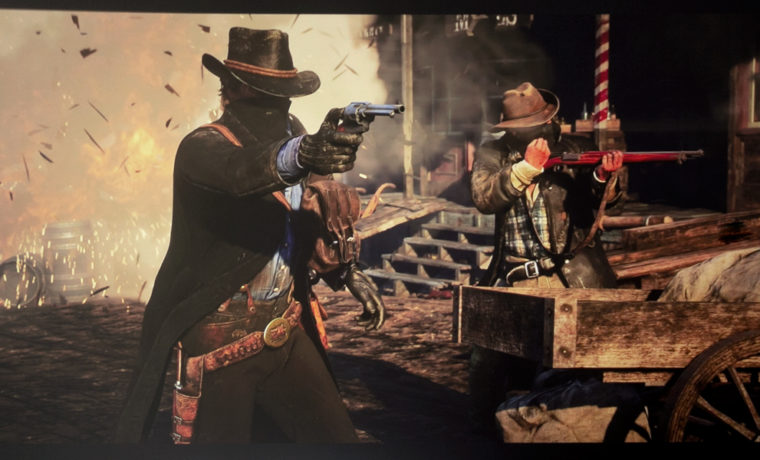 The LG HU85LA projecting Red Dead Redemption 2 via the Playstation 4 Pro.